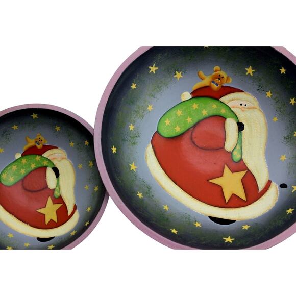 Set of Two Christmas Bowls Santa Stars Teddy Bear Hand Painted Wood 8" & 12" - Picture 1 of 5
